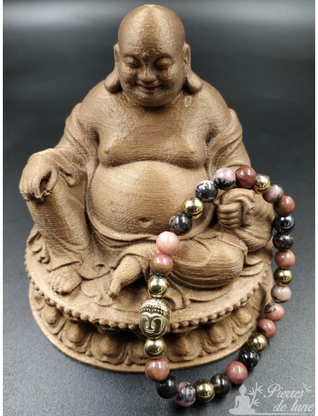 Création bracelet en pierre 6 mm Rhodonite et une tête de Bouddha Hématite dorée