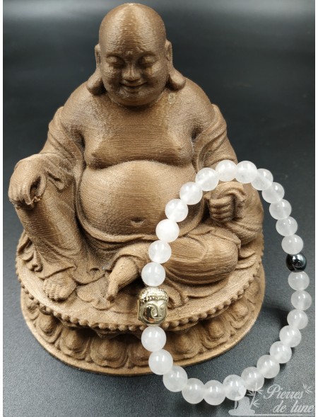 Création bracelet en pierre 6 mm Quartz rose et une tête de Bouddha hématite dorée